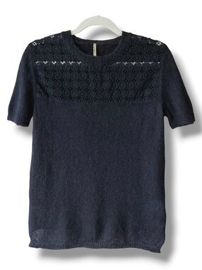 Liviana Conti Mohair Alpaca Blend Lace Yoke Short Sleeve Black Sweater IT48/US10